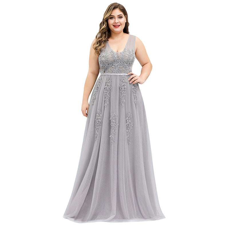 Light Gray Long V-neck Floor Length Prom Dresses With Appliques Plus Size Prom Gowns