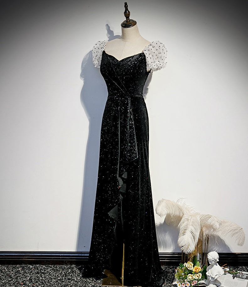 Vintage Formal Black Lace Up Sheath Long Prom Dresses With Sleeves