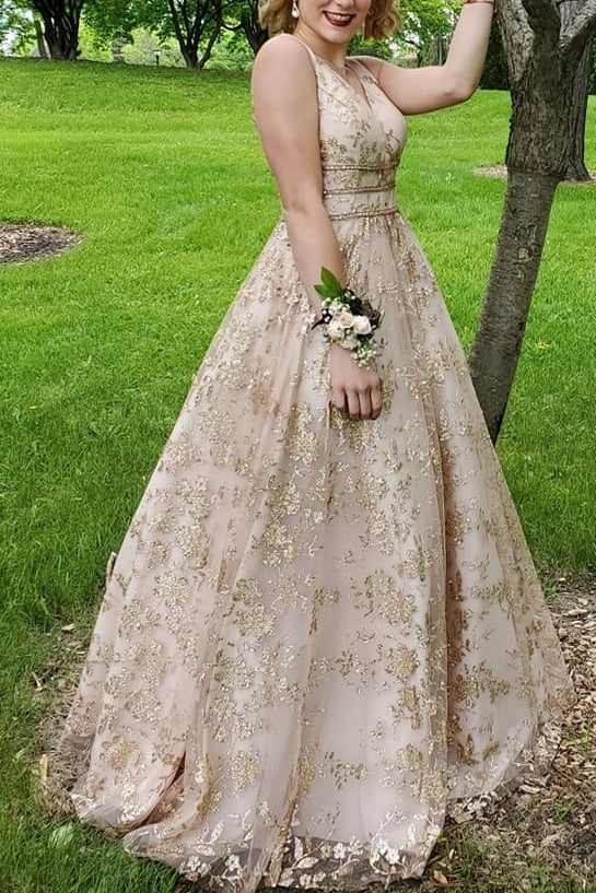 Gorgeous A-line V-neck Long Lace Princess Dresses Gold Prom Dresses