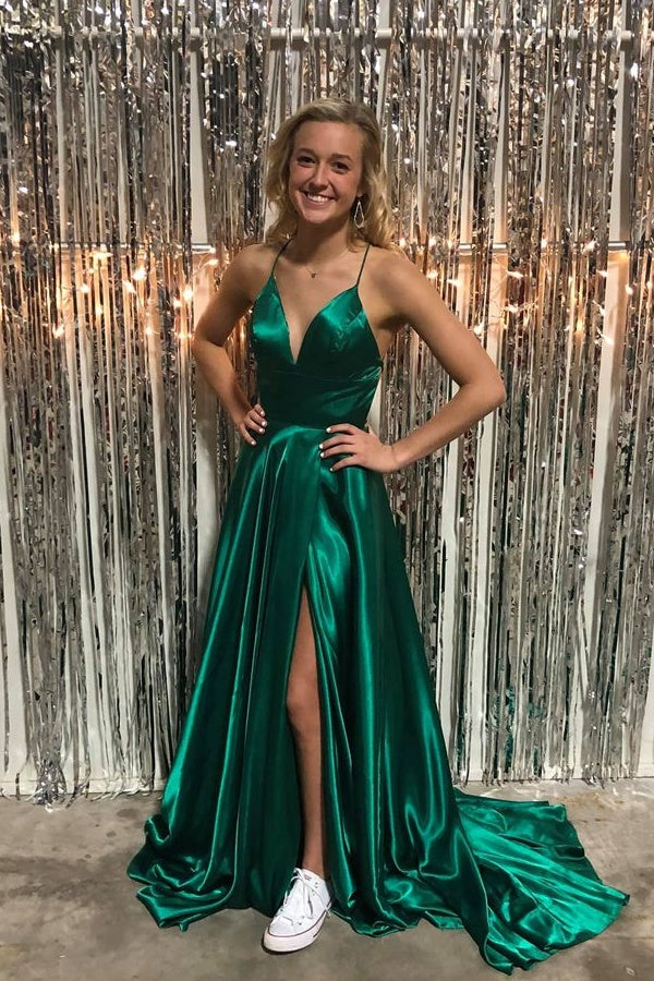 Simple Spaghetti Straps Front Split Zipper Back Long Prom Dresses