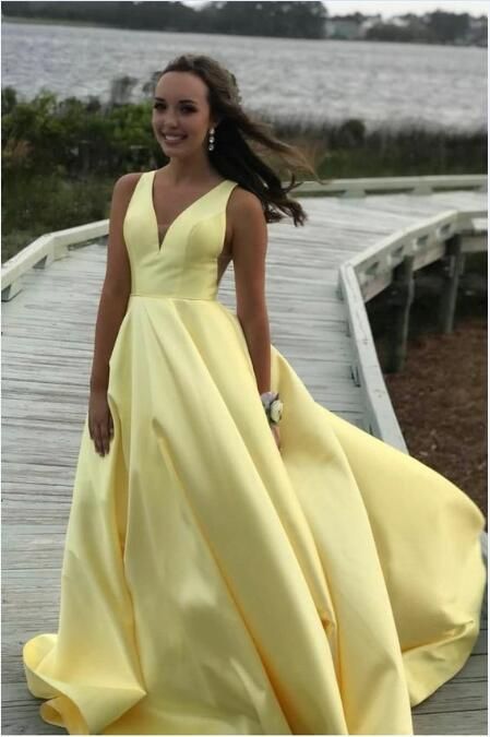 V-neck A-line Yellow Satin Long Prom Dresses Zipper Back Party Dresses