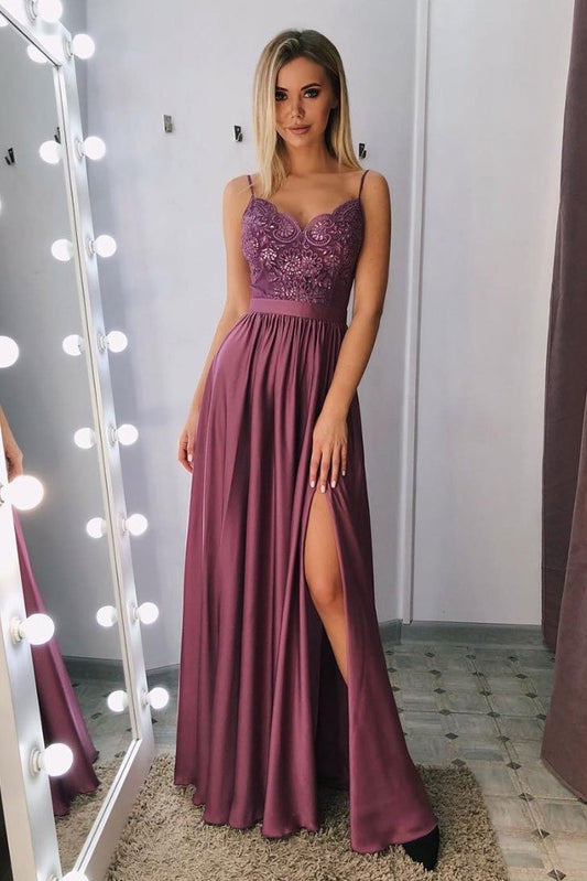 Tight Spaghetti Straps Long A-line Front Split Prom Dresses Women Dresses