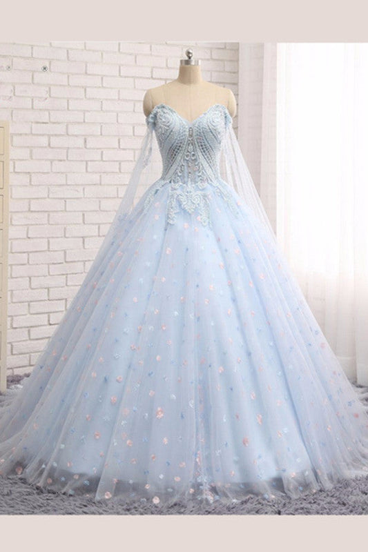 Sweetheart Tulle Long Appliques Hollow Bodice Prom Dresses