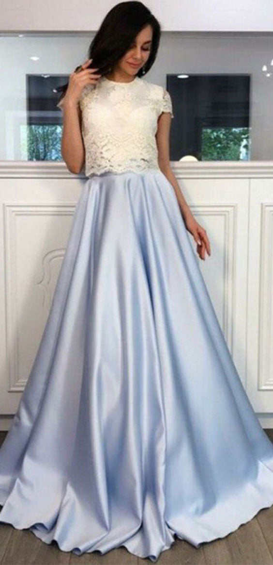 Charming A Line Round Neck Appliques Satin Prom Dresses