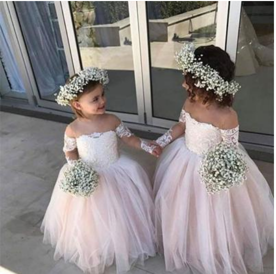 Cute Off the Shoulder Lace A Line With Appliques Flower Girl Dresses