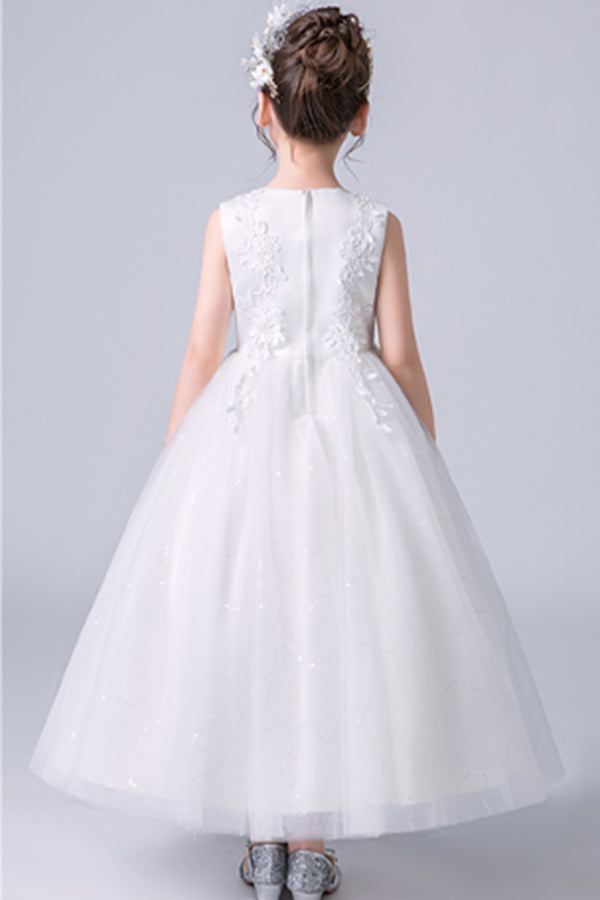 Elegant White Appliques Sleeveless Tulle Satin Ankle Length Flower Girl Dresses