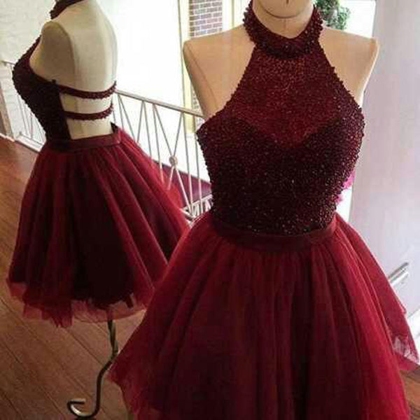 Burgundy Halter Sleeveless Beading Short Homecoming Dresses