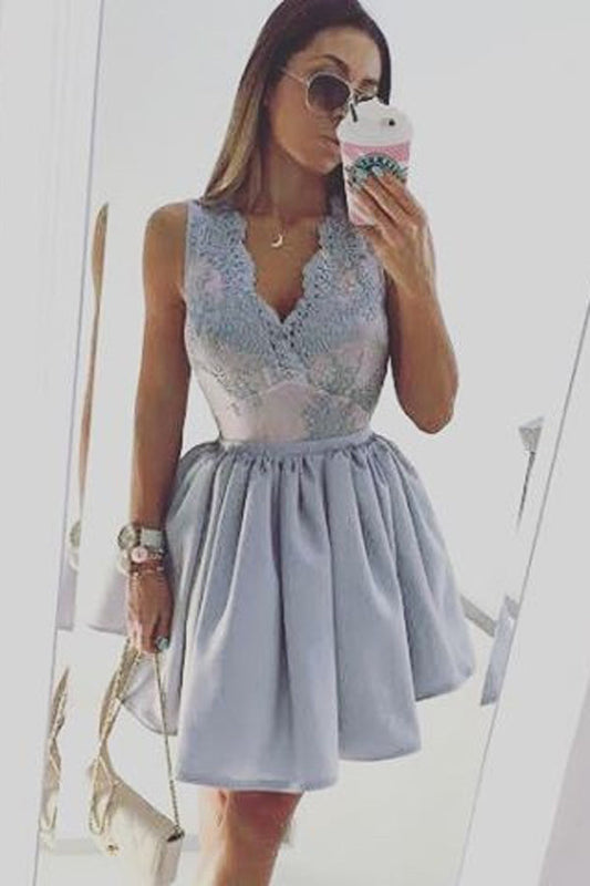 A Line Deep V Neck Sleeveless Appliques Short Homecoming Dresses