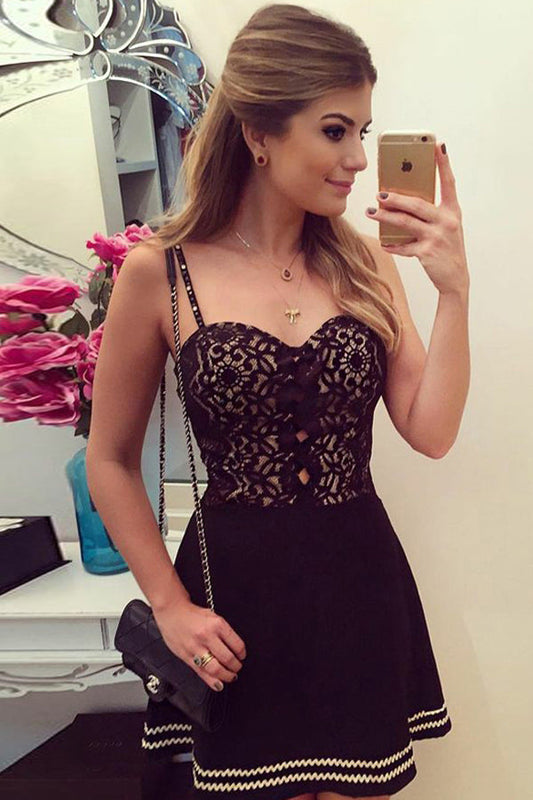 Black A Line Sweetheart Spaghetti Sleeveless Short Homecoming Dresses