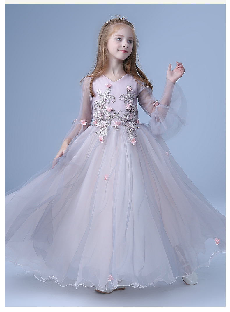 Cute V Neck Long Sleeves Tulle Floor Length A Line With Appliques Flower Girl Dresses