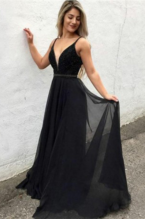 Simple Black Spaghetti Strap V Neck Chiffon Long Prom Dresses