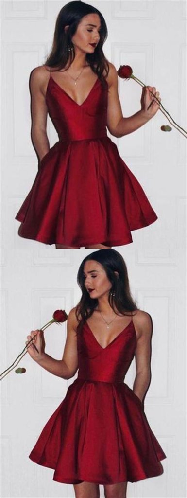 Hot Sale Red Spaghetti Straps V-Neck A-Line Homecoming Dresses Katharine Satin Cheap 10