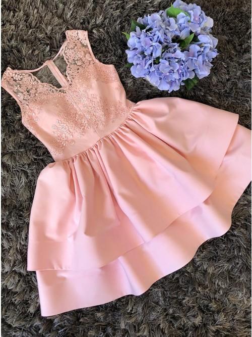 V-Neck Lace Pink Asia Satin Homecoming Dresses Sleeveless Short With 10254