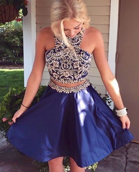 Two Piece Short Navy Blue Dresses Beaded Short Homecoming Dresses Chana Dancing Dresses 1082