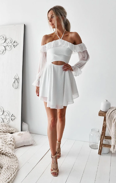 SIMPLE WHITE CHIFFON SHORT DRESS WHITE CUTE SUMMER DRESS Homecoming Dresses Mina 10847