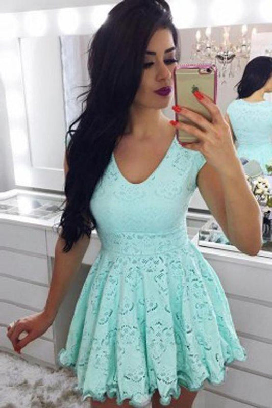 Lillian Lace Homecoming Dresses Popular Short Mint Green Capped Sleeve Short Hollow Party Dress 1092