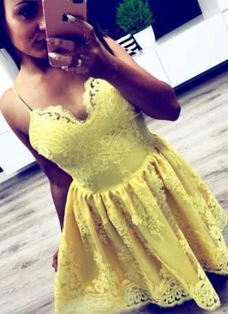 Yellow Short Simple Short Mina Lace Homecoming Dresses 1100