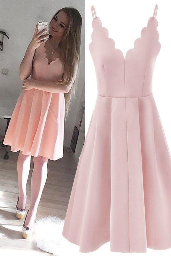 Spaghetti Short Satin Pink Homecoming Dresses Sylvia A Line 1109