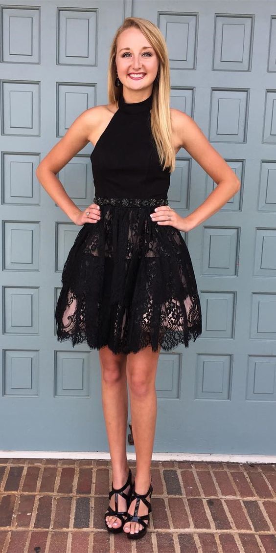 A-Line Halter Homecoming Dresses Lace Annabella Backless Short Black With Simple 1118