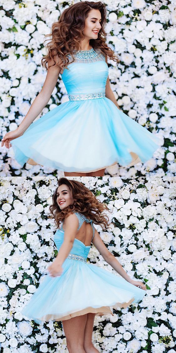 Blue Tulle Emely Homecoming Dresses Open Back With Beading Simple 1119