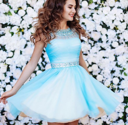 Blue Tulle Emely Homecoming Dresses Open Back With Beading Simple 1119