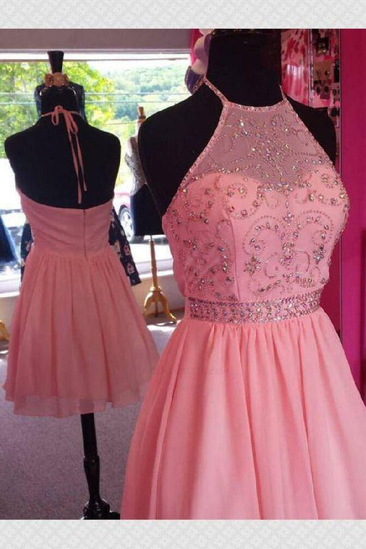 Halter Top Beading Open Pink Charity Chiffon Homecoming Dresses Back A-Lin Short Cheap 111