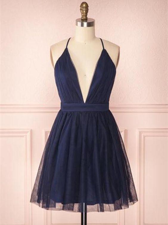 V Neck Navy Blue Homecoming Dresses Charity A Line Short Dresses Navy Blue 11212