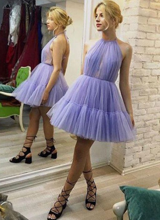 Unique A-Line Halter Backless Pleated Lavender Tulle Homecoming Dresses Charlotte Formal 1122