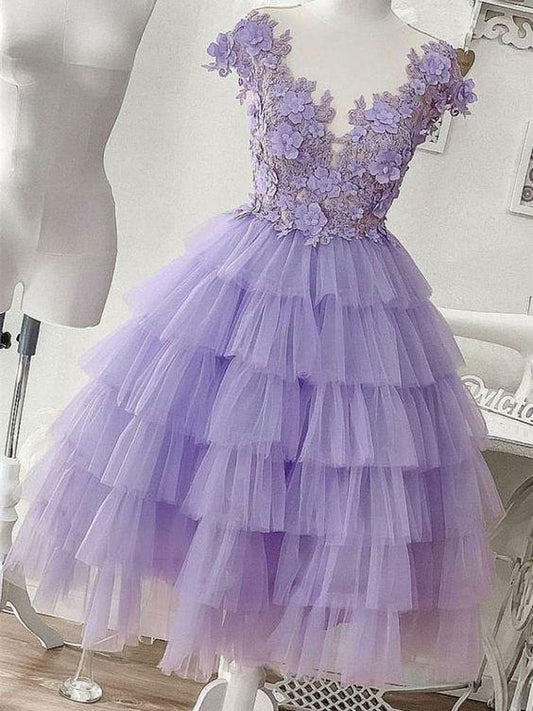 Laylah Homecoming Dresses Purple Tulle Appliqué Short 1123