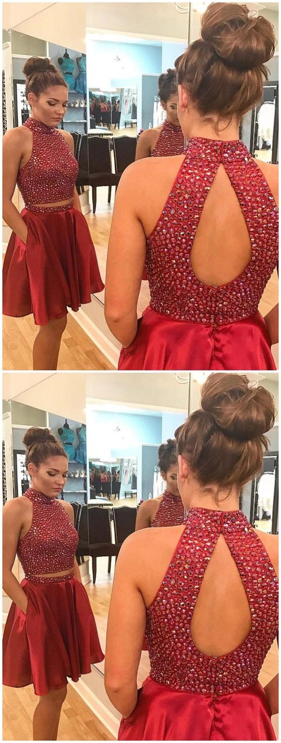 Sexy Two Homecoming Dresses Nellie Piece Short Rhinestone Cute Red 1139