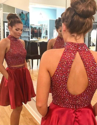 Sexy Two Homecoming Dresses Nellie Piece Short Rhinestone Cute Red 1139