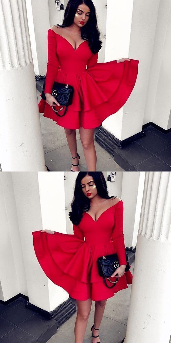 Red Long Homecoming Dresses Raelynn Sleeve Ruffled 11902