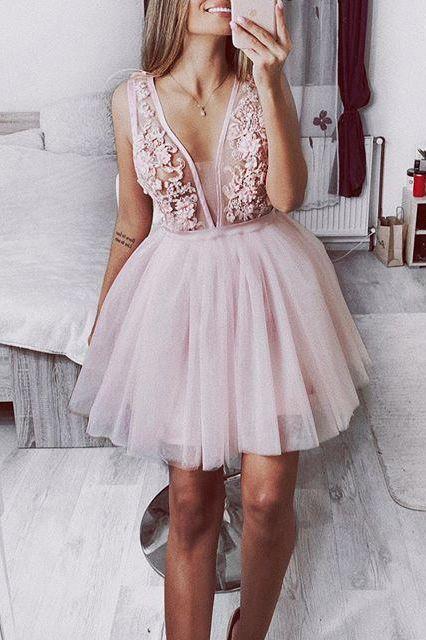 Tulle Applique V-Neck Short Dress Homecoming Dresses Pink Juliet 11984