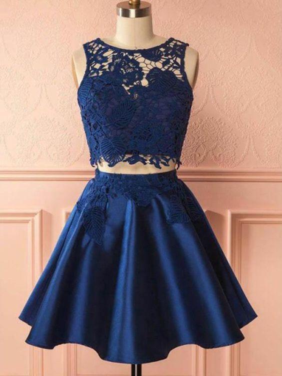 Navy Chic Homecoming Dresses Two Pieces Satin Cali Dark Navy Party Dress 120