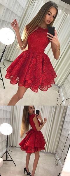 Pretty Lace Homecoming Dresses Jill Round Neck Short Cheap Red Party Dresses Cute 121