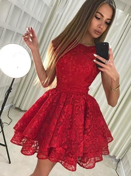 Pretty Lace Homecoming Dresses Jill Round Neck Short Cheap Red Party Dresses Cute 121