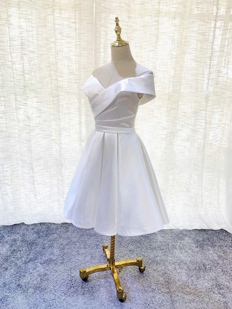 White Simple Off Homecoming Dresses Emery Satin Shoulder Knee Length Party Dress 12526