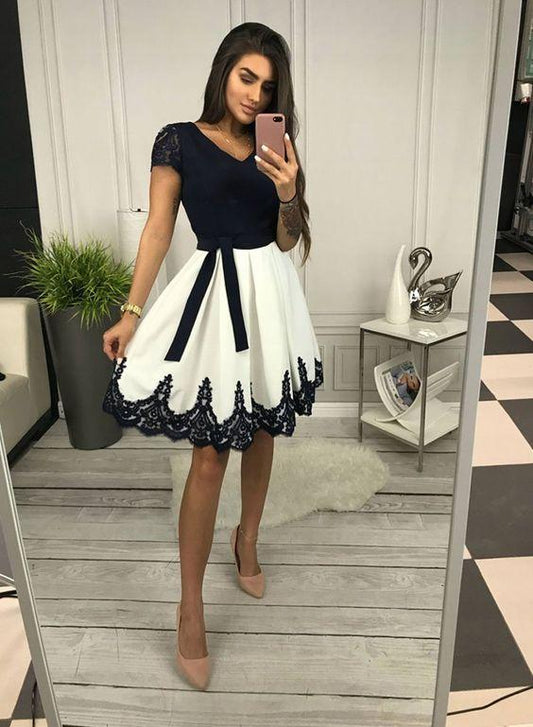 Cute V Homecoming Dresses Lace Vicky Neck Black And White Short 1294