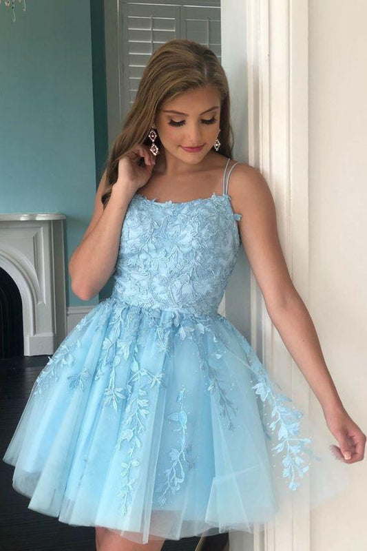 Straps Applique Blue Lace Homecoming Dresses Tanya 13048