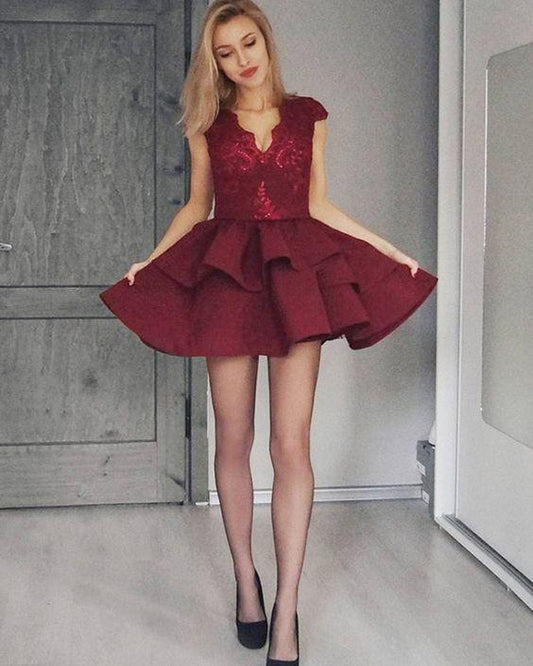 V-Neck Bodice Burgundy Short Layered Amiah Homecoming Dresses Lace Skirt Red 1307