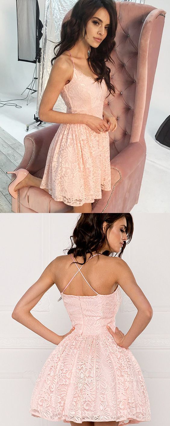 A-Line Spaghetti Lace Ada Pink Homecoming Dresses Straps Blush 13247