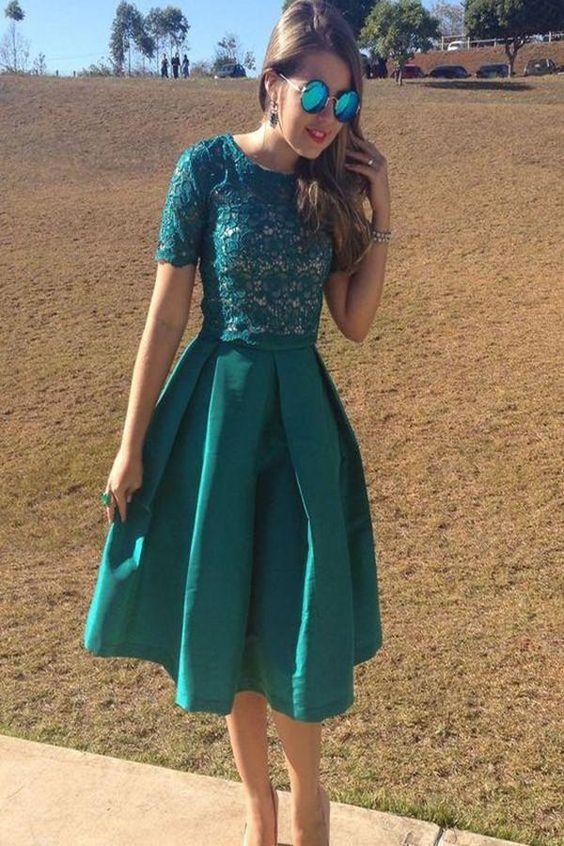 Green Scoop Knee-Length Lace Homecoming Dresses Mignon Short 1367