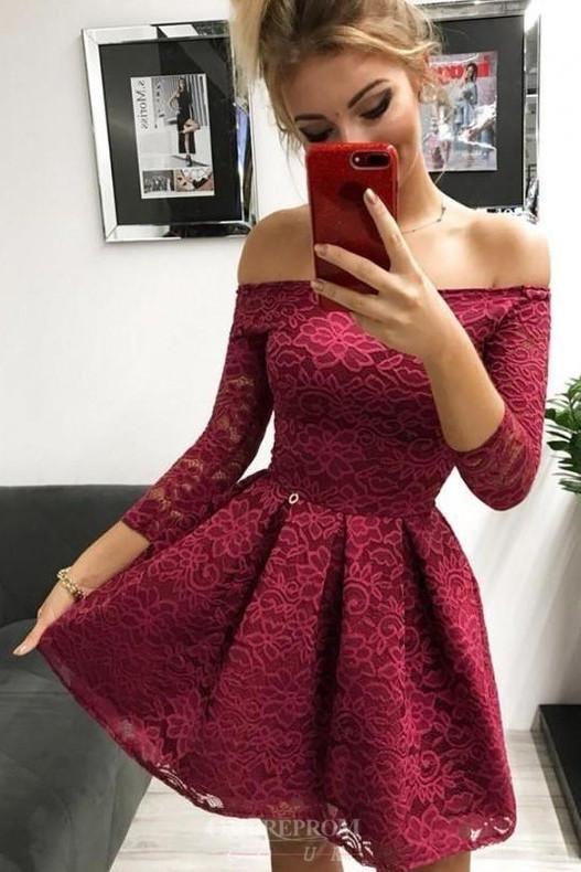 Off-The-Shoulder Long Carlee Homecoming Dresses Lace Sleeves Burgundy 1446