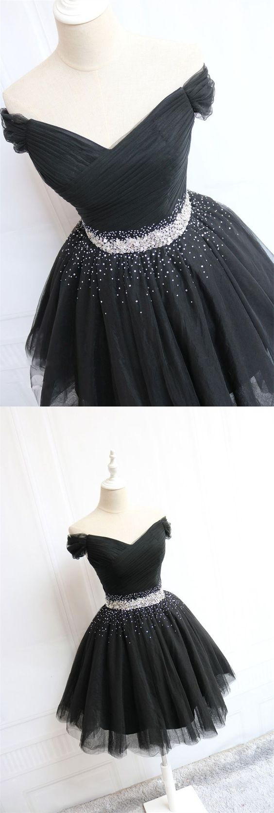 Simple Black Tulle Homecoming Dresses Alissa Off Shoulder Short Beaded 14517