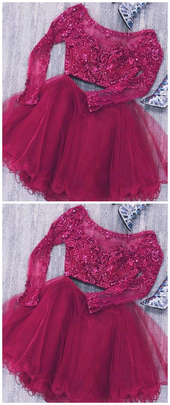 Two Piece Long Sleeves Tulle Short Lace Morgan Homecoming Dresses With Beads 1507