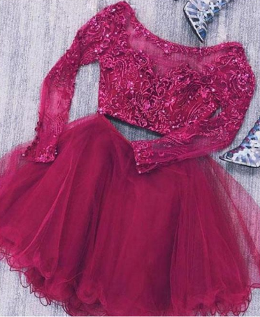 Two Piece Long Sleeves Tulle Short Lace Morgan Homecoming Dresses With Beads 1507