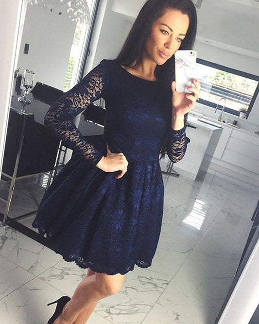 Bateau Homecoming Dresses Lace Greta Navy Blue Short With Long Sleeves 1508