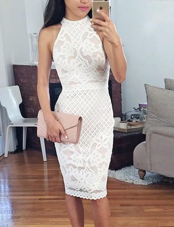 Lace Kara Homecoming Dresses Bodycon Round Neck Knee-Length White 1523