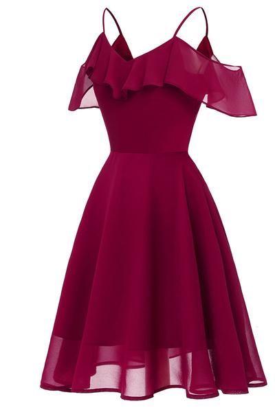 Burgundy Off-The-Shoulder A-Line Spaghetti Strap Homecoming Dresses Monique 1535