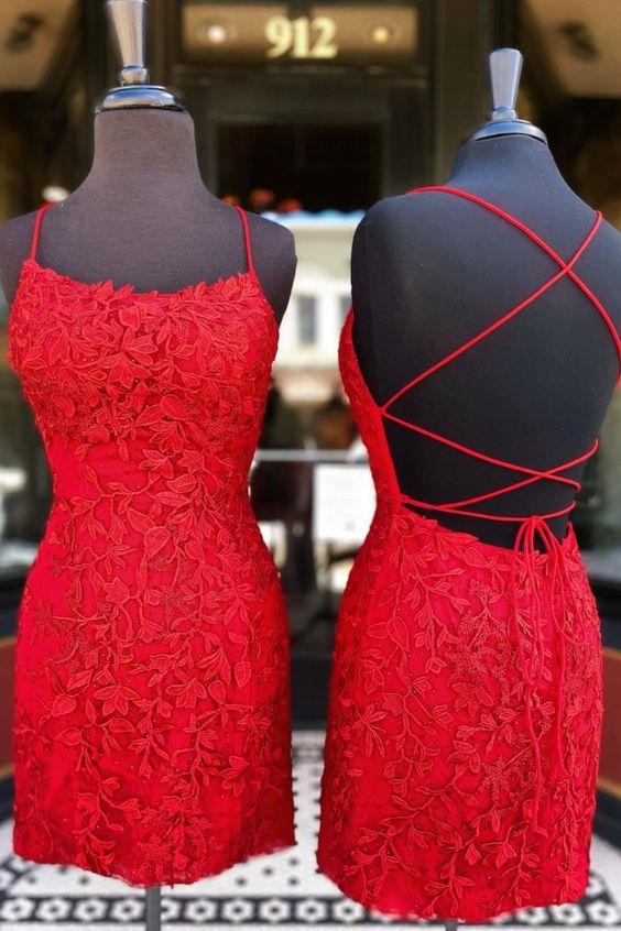 Tight Red Homecoming Dresses Laurel Lace Straps Party Dress With Up Back 15990